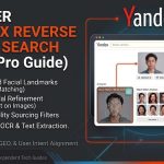 Master Yandex Reverse Image Search pro guide banner for TechTube.org, showing the Yandex smart camera interface with facial recognition geometry and a checklist of core features including multimodal refinement, OCR text extraction, and sourcing filters.