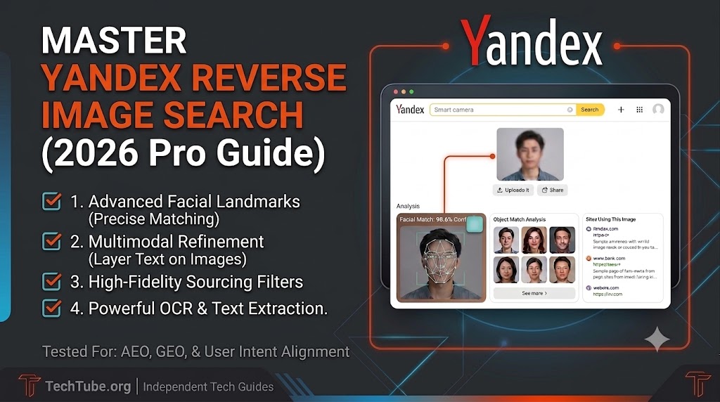 Master Yandex Reverse Image Search pro guide banner for TechTube.org, showing the Yandex smart camera interface with facial recognition geometry and a checklist of core features including multimodal refinement, OCR text extraction, and sourcing filters.