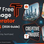 Top 7 free AI image generator tools tested by TechTube, featuring an orange and charcoal tech theme banner with AI-generated art layouts.